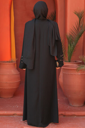 Boncuk İşlemeli Siyah Tesettür Abaya 29107S - 4
