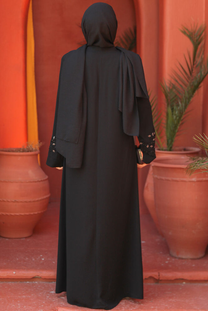 Boncuk İşlemeli Siyah Tesettür Abaya 29107S - 4