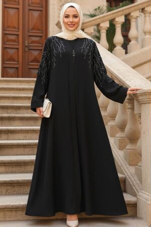 Boncuk İşlemeli Siyah Tesettür Abaya 29110S - 1