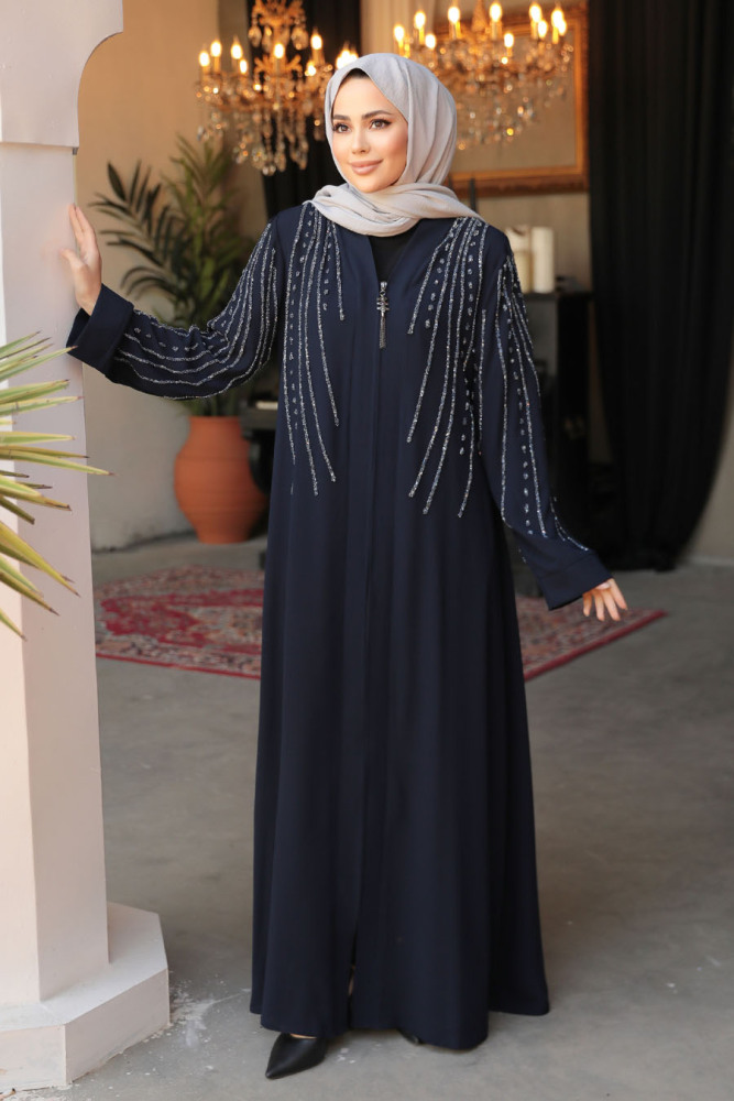 Boncuk İşlemeli Lacivert Tesettür Abaya 29111L - 1