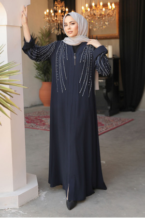 Boncuk İşlemeli Lacivert Tesettür Abaya 29111L - 3