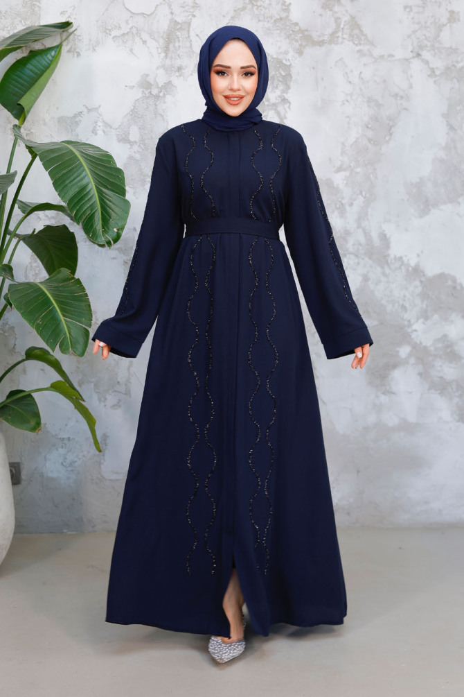 Boncuk İşlemeli Lacivert Tesettür Abaya 29117L - 1