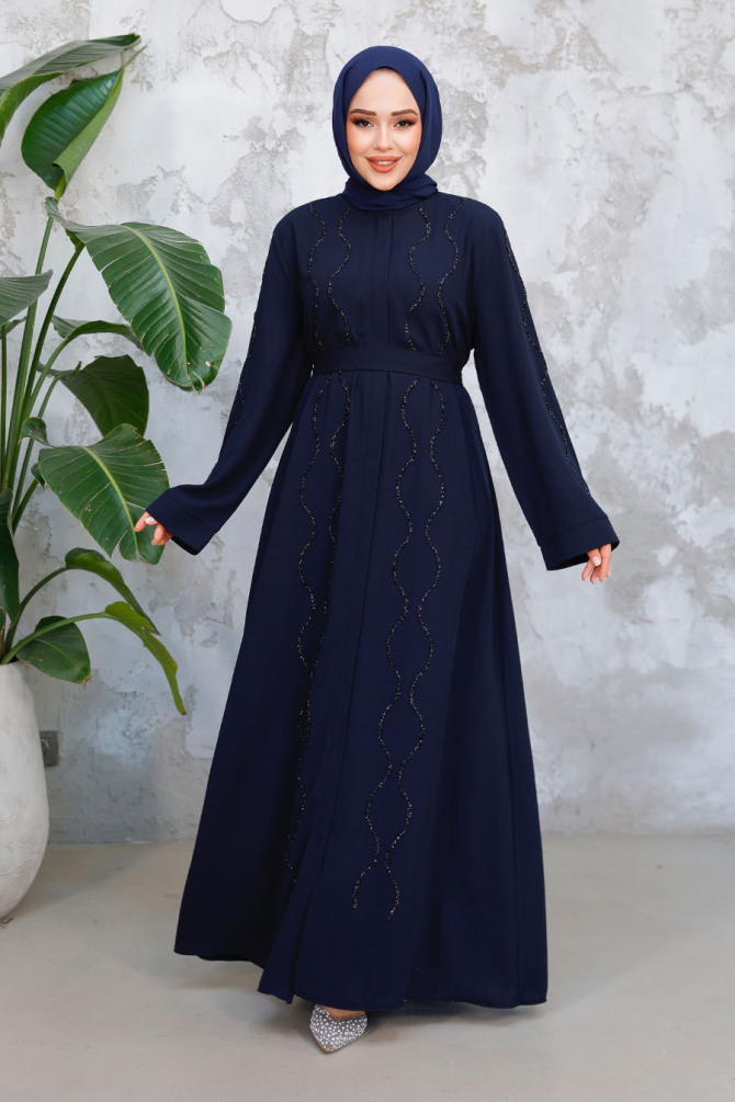 Boncuk İşlemeli Lacivert Tesettür Abaya 29117L - 2