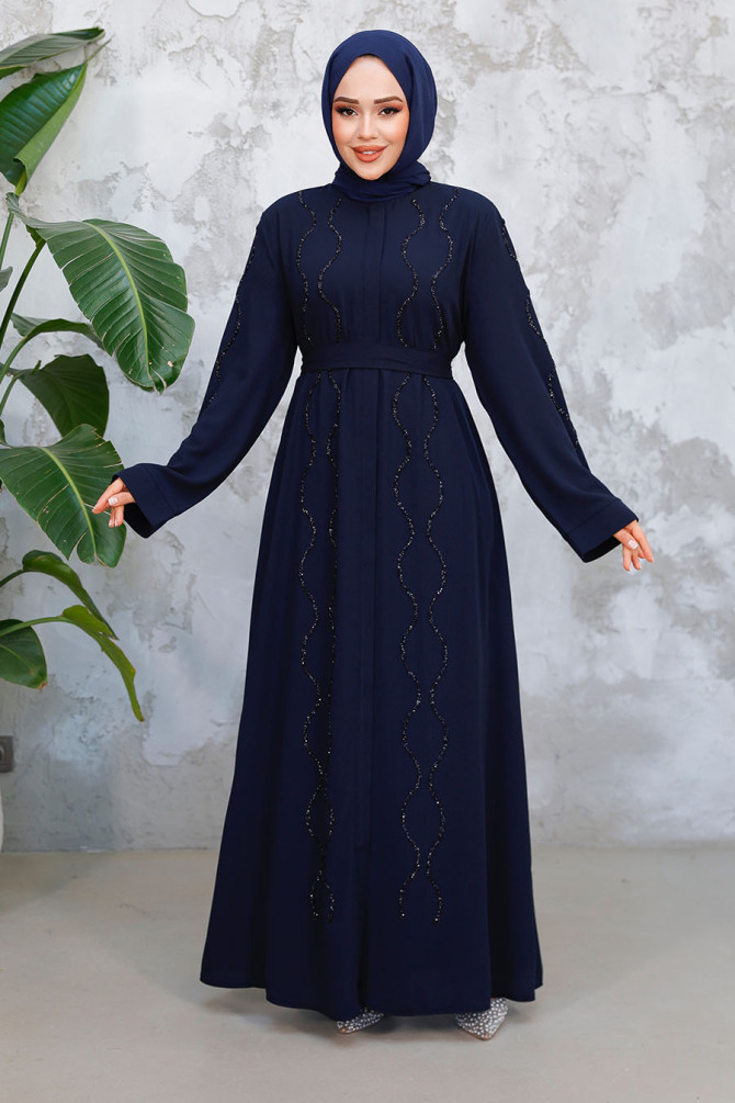 Boncuk İşlemeli Lacivert Tesettür Abaya 29117L - 3