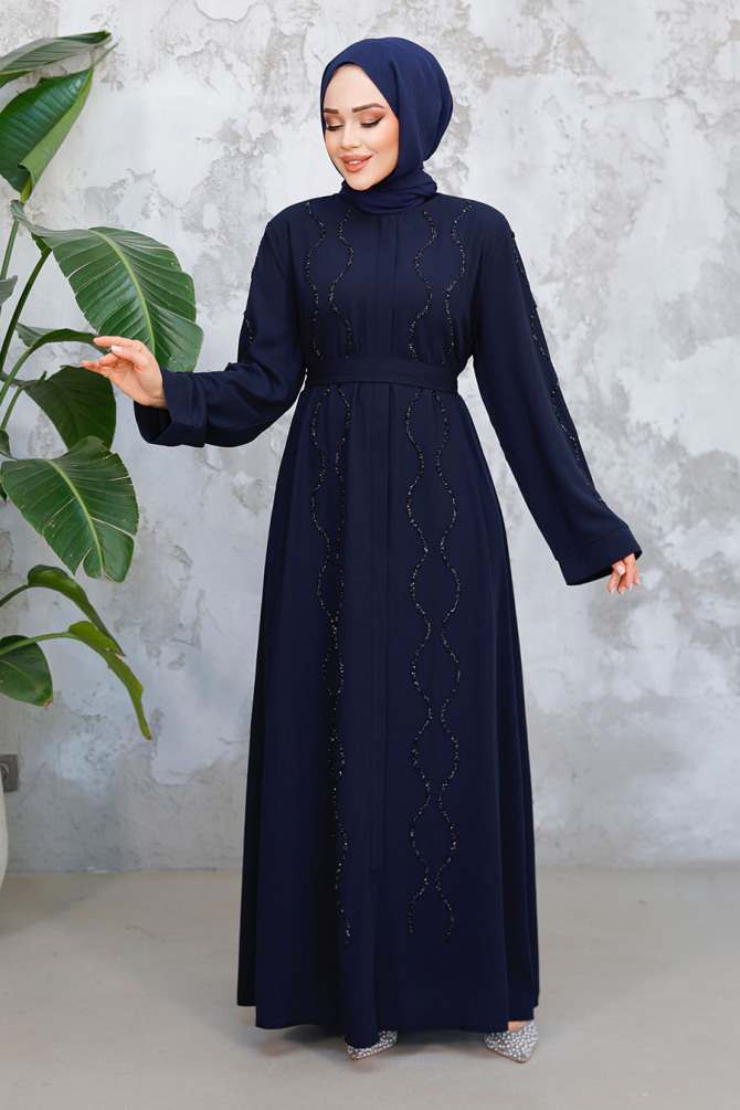 Boncuk İşlemeli Lacivert Tesettür Abaya 29117L - 5