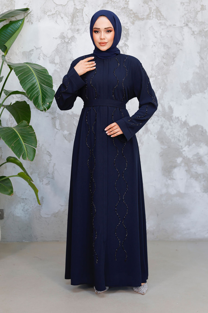 Boncuk İşlemeli Lacivert Tesettür Abaya 29117L - 4