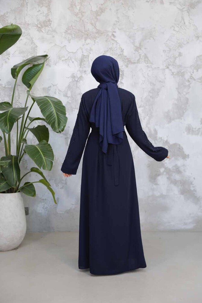 Boncuk İşlemeli Lacivert Tesettür Abaya 29117L - 6