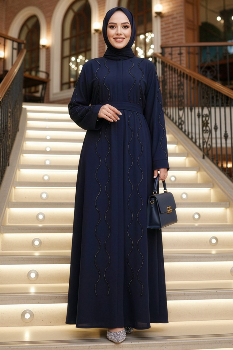 Boncuk İşlemeli Lacivert Tesettür Abaya 29117L
