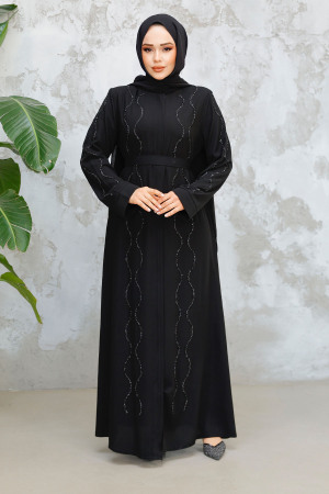 Boncuk İşlemeli Siyah Tesettür Abaya 29117S - 2