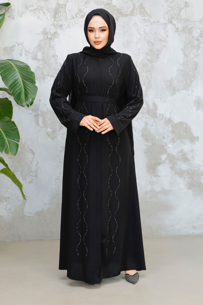 Boncuk İşlemeli Siyah Tesettür Abaya 29117S - 2