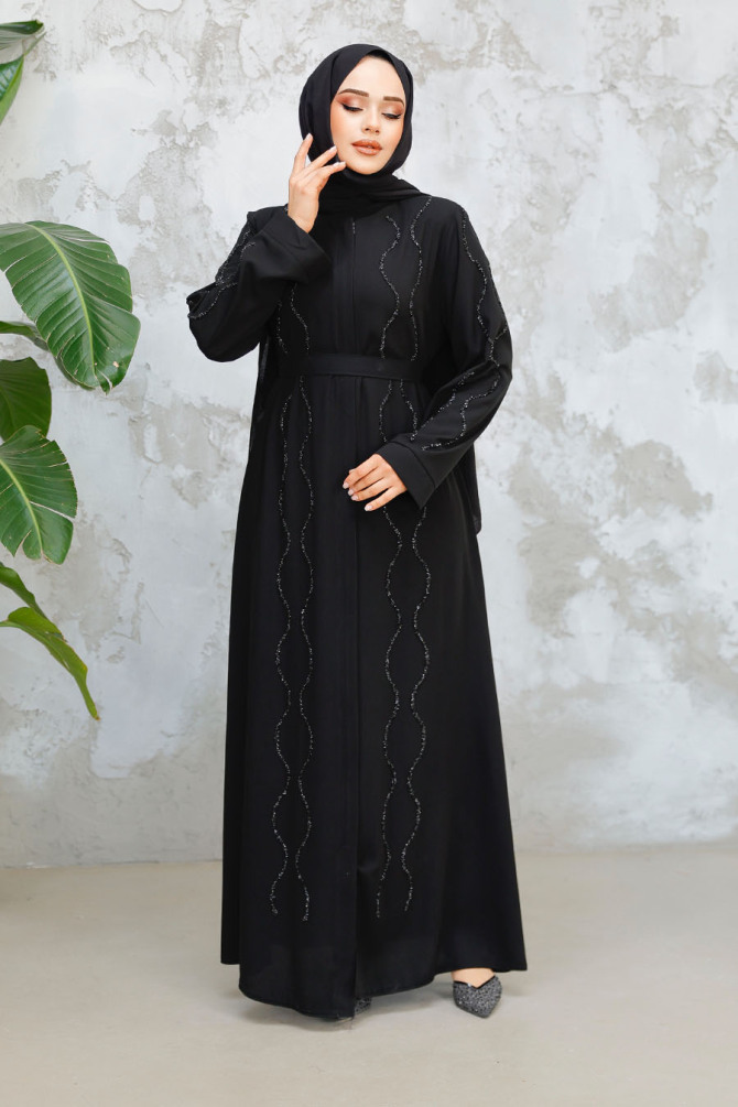 Boncuk İşlemeli Siyah Tesettür Abaya 29117S - 3