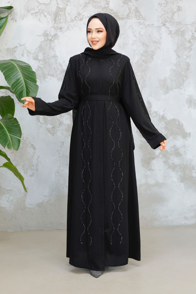 Boncuk İşlemeli Siyah Tesettür Abaya 29117S - 1