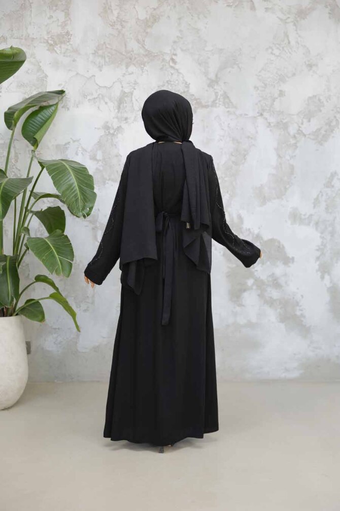 Boncuk İşlemeli Siyah Tesettür Abaya 29117S - 4