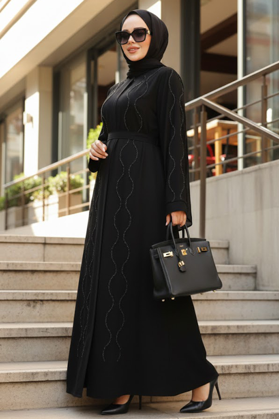 Boncuk İşlemeli Siyah Tesettür Abaya 29117S