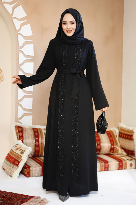 Boncuk İşlemeli Siyah Tesettür Abaya 29118S - 1
