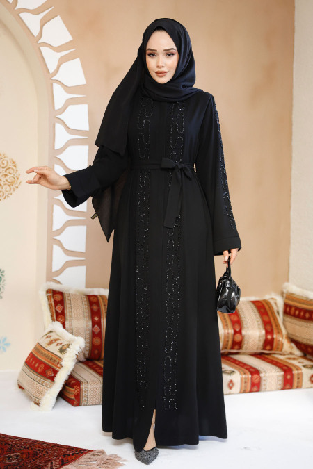 Boncuk İşlemeli Siyah Tesettür Abaya 29118S - 2