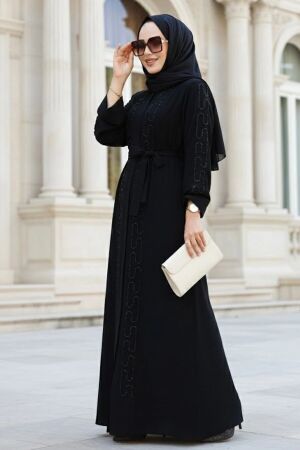 Boncuk İşlemeli Siyah Tesettür Abaya 29118S 