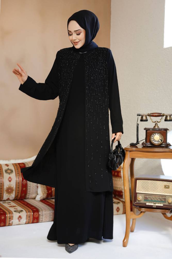 Boncuk İşlemeli Siyah Tesettür Abaya 29119S - 2