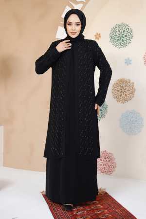 Boncuk İşlemeli Siyah Tesettür Abaya 29120S - 3