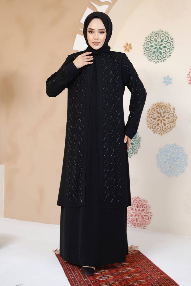 Boncuk İşlemeli Siyah Tesettür Abaya 29120S - 3