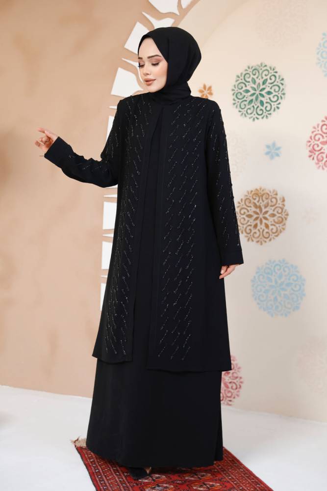 Boncuk İşlemeli Siyah Tesettür Abaya 29120S - 1