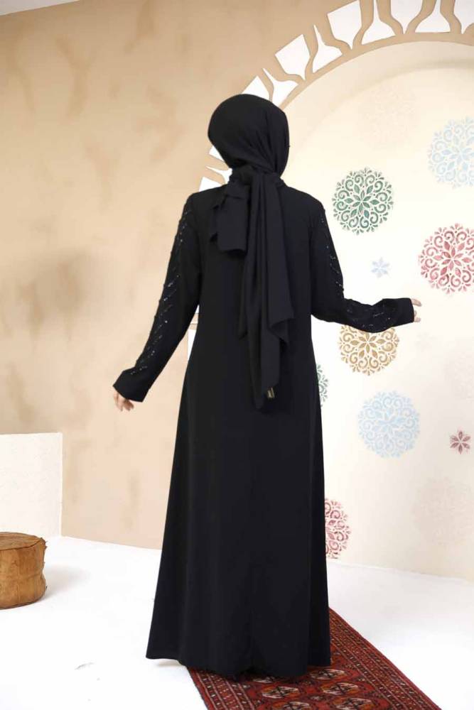 Boncuk İşlemeli Siyah Tesettür Abaya 29120S - 5