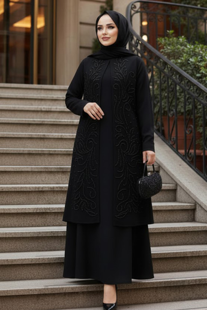 Boncuk İşlemeli Siyah Tesettür Abaya 29121S - 1