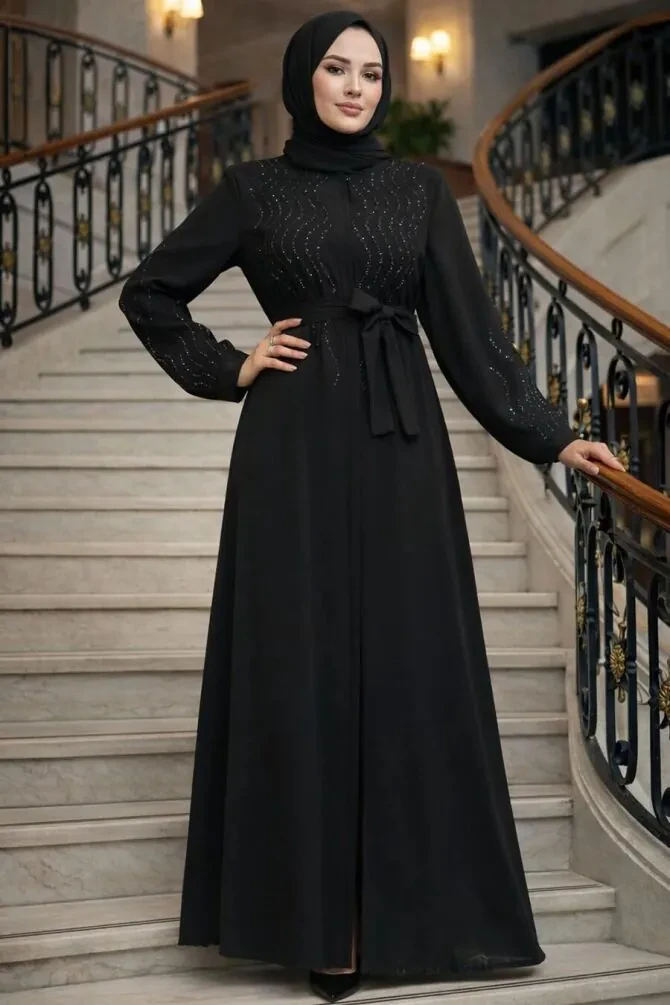 Boncuk İşlemeli Siyah Tesettür Abaya 29130S - 1