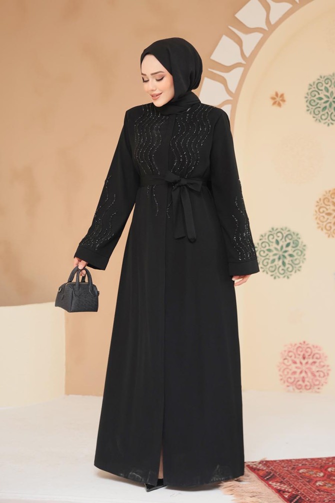 Boncuk İşlemeli Siyah Tesettür Abaya 29130S - 1