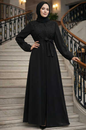 Boncuk İşlemeli Siyah Tesettür Abaya 29130S - 1