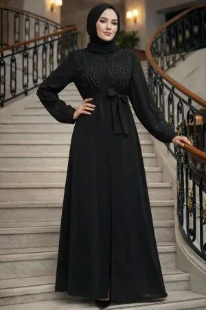 Boncuk İşlemeli Siyah Tesettür Abaya 29130S 