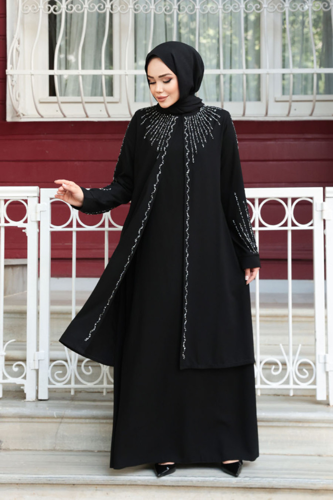 Boncuk İşlemeli Siyah Tesettür Abaya 29131S - 1