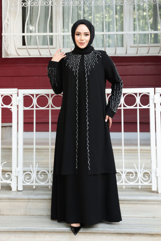Boncuk İşlemeli Siyah Tesettür Abaya 29131S - 2
