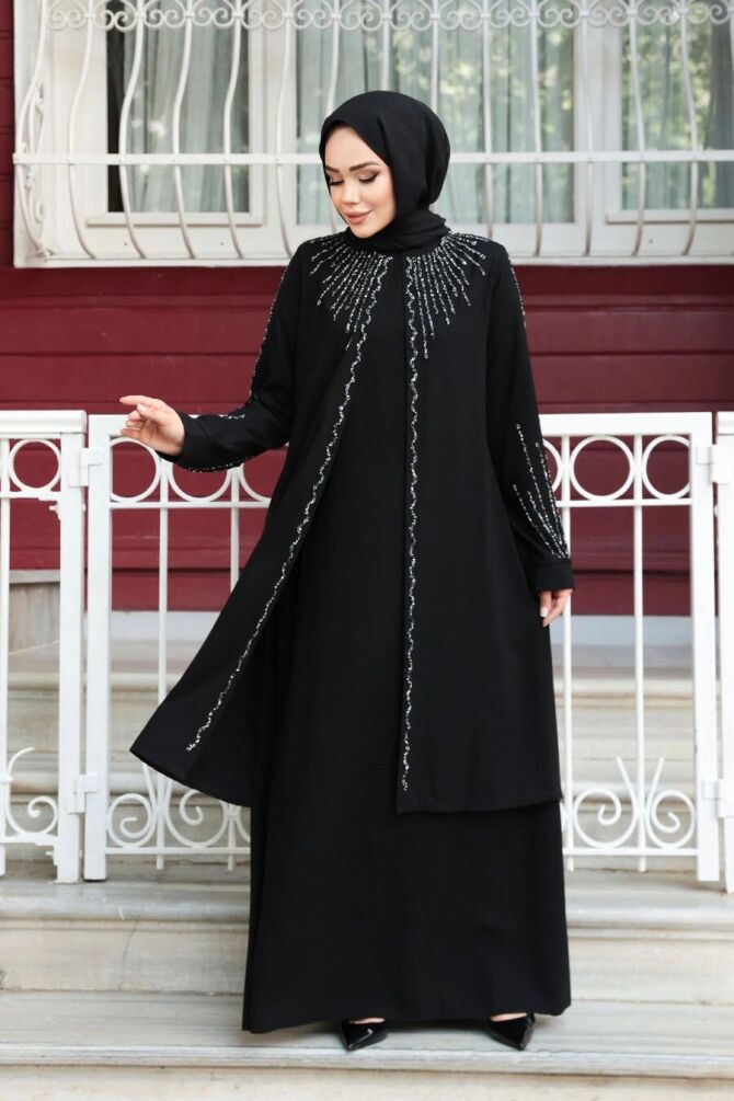 Boncuk İşlemeli Siyah Tesettür Abaya 29131S - 1
