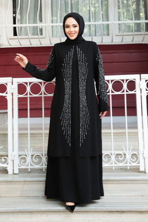 Boncuk İşlemeli Siyah Tesettür Abaya 29132S - 2