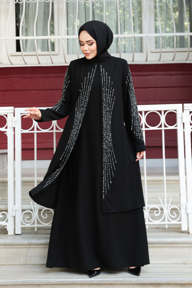 Boncuk İşlemeli Siyah Tesettür Abaya 29132S - 1