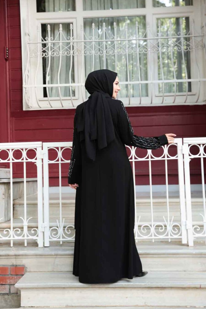 Boncuk İşlemeli Siyah Tesettür Abaya 29132S - 3