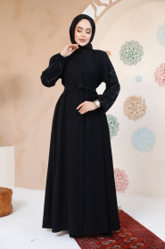 Kolları Desenli Siyah Tesettür Abaya 61366S - 6