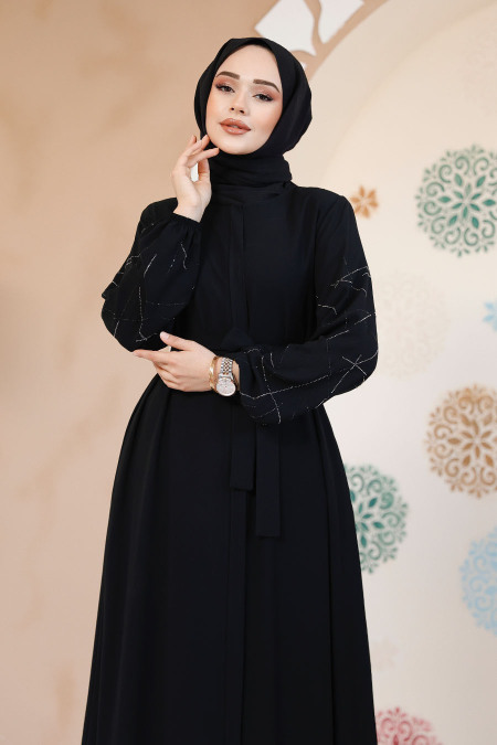 Kolları Desenli Siyah Tesettür Abaya 61366S - 3