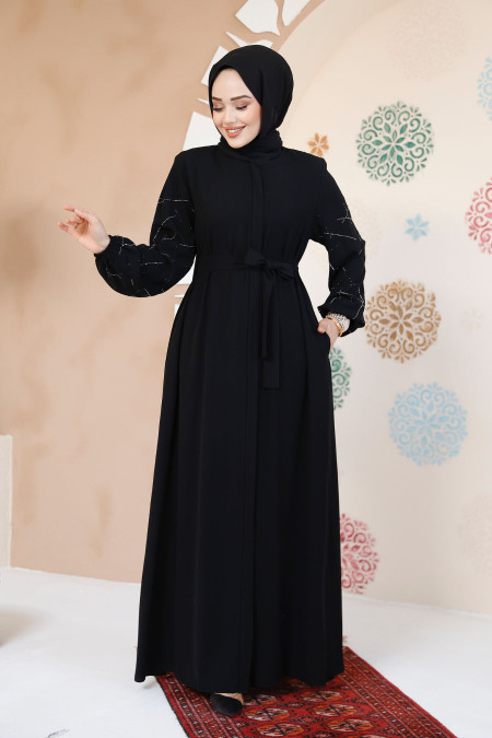 Kolları Desenli Siyah Tesettür Abaya 61366S - 1