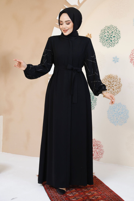 Kolları Desenli Siyah Tesettür Abaya 61366S - 2