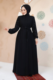 Kolları Desenli Siyah Tesettür Abaya 61366S - 4