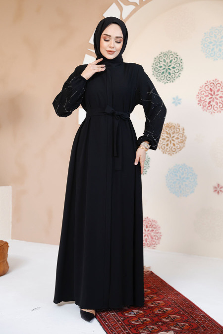 Kolları Desenli Siyah Tesettür Abaya 61366S - 5