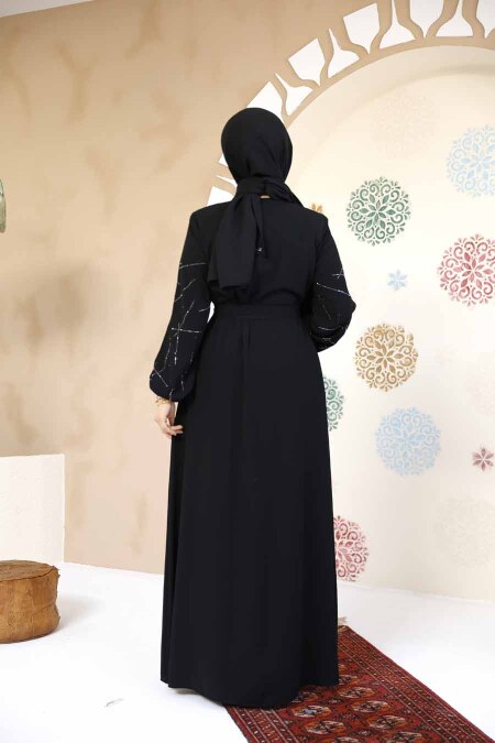 Kolları Desenli Siyah Tesettür Abaya 61366S - 7