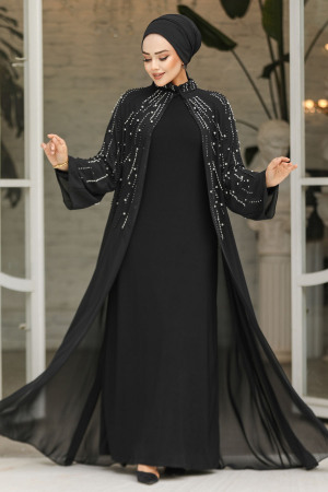 Boncuk İşlemeli Siyah Tesettür Abaya Takım 25903S - 1