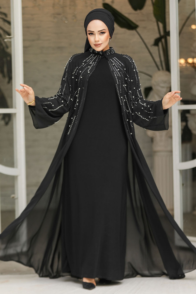 Boncuk İşlemeli Siyah Tesettür Abaya Takım 25903S - 2