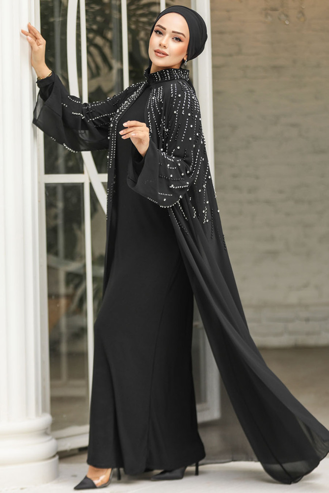 Boncuk İşlemeli Siyah Tesettür Abaya Takım 25903S - 4