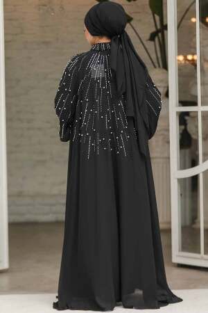 Boncuk İşlemeli Siyah Tesettür Abaya Takım 25903S - 5