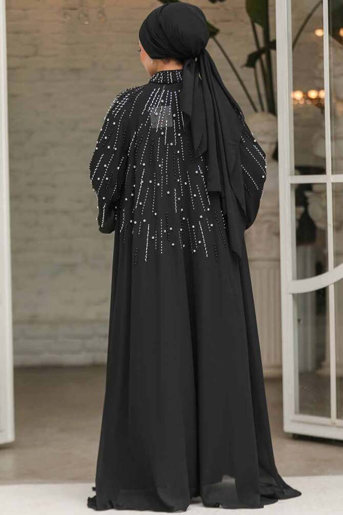 Boncuk İşlemeli Siyah Tesettür Abaya Takım 25903S - 5