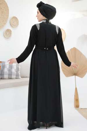 Boncuk İşlemeli Siyah Tesettür Abaya Takım 43201S - 6